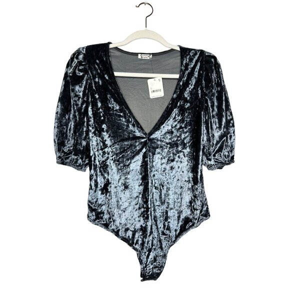 Free People Don't You Wish Velvet Bodysuit Size XS V-neck Gray Blue New - Picture 2 of 12